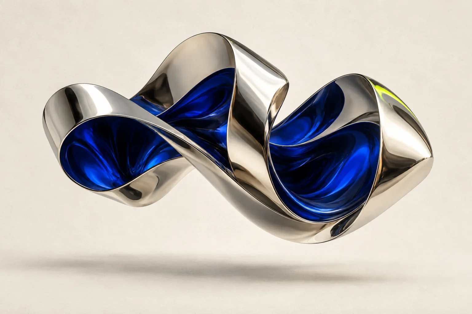 A sculptural chrome ribbon with a deep blue core, created for the Deluxion identity